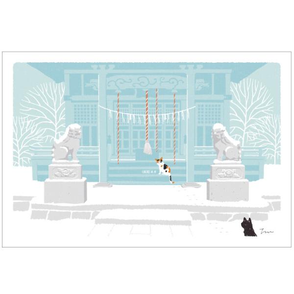 日本の四季の風景を旅している猫「たびねこ」の可愛いポストカードシリーズです。ねこたちと一緒に小さな旅を楽しみながら、のどかな風景を満喫しませんか。冬のお便りやコレクションに。黒猫/三毛猫/ネコ/神社/風景/ハガキ/雪/イラスト：もりとしのり...