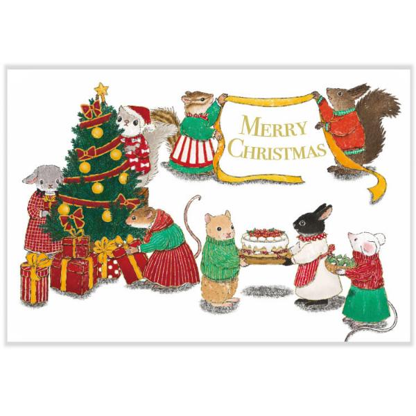 クリスマス ポストカード 小動物 / クリスマス パーティー ツリー 茜ことこ 箔押し はがき