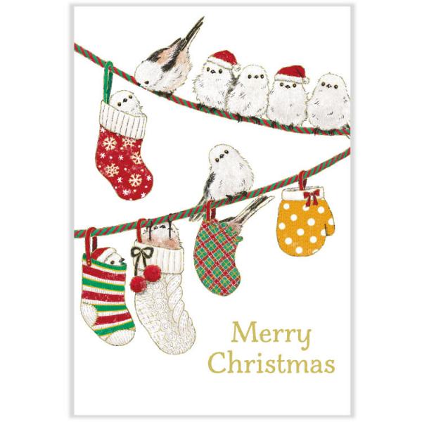 クリスマス ポストカード シマエナガ / クリスマス 靴下 野鳥 茜ことこ 箔押し はがき