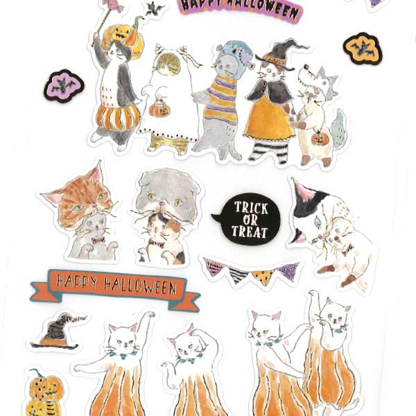 トコロコムギ わちゃわちゃハロウィンにゃんこ コットンシール / 箔押し 猫 ネコ 秋柄 透明台紙 シール