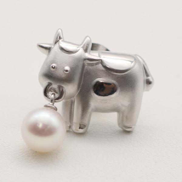 真珠 パール ブローチ タイタック あこや真珠 7mm-7.5mm ホワイトカラー アコヤ真珠 タイタック 動物シリーズ ウシ シルバー 12106