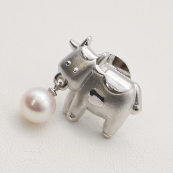 真珠 パール ブローチ タイタック あこや真珠 7mm-7.5mm ホワイトカラー アコヤ真珠 タイタック 動物シリーズ ウシ シルバー 12106