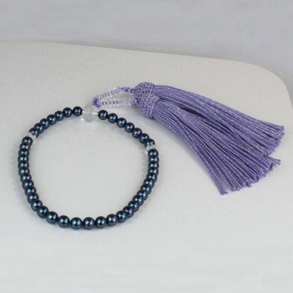 真珠 数珠 パール 念珠 アコヤ真珠 数珠 あこや真珠 ブルーブラック 黒真珠 6mm-6.5mm 紫房 人絹 新色 14196