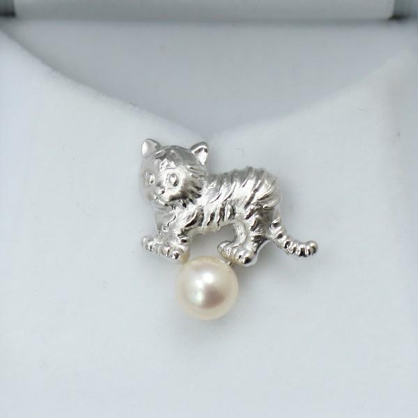 真珠 タイピン パール ブローチ あこや真珠 7mm-7.5mm ホワイトカラー タイピン アコヤ真珠 動物シリーズ トラ 14509
