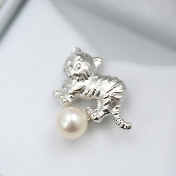 真珠 タイピン パール ブローチ あこや真珠 7mm-7.5mm ホワイトカラー タイピン アコヤ真珠 動物シリーズ トラ 14509