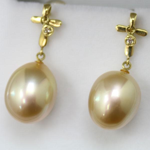 【最終価格】白蝶金 真珠 10mmピアス(K18／ダイヤ付) 真珠 パール ピアス 白蝶真珠 南洋真珠 10mm ゴールドカラー ダイヤ