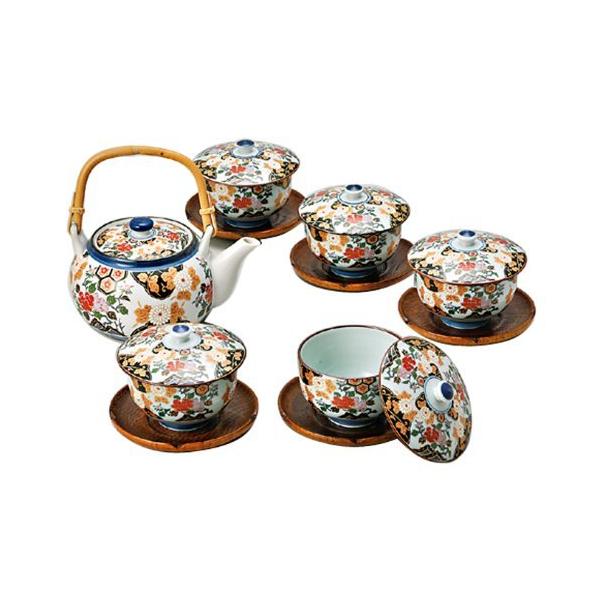 西海陶器 亀甲岩牡丹 蓋付茶器揃茶托付