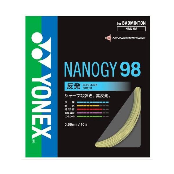 商品名：NANOGY 98ナノジー98メーカー：YONEX品番：NBG98製造：日本製ゲージ：0.6６mm長さ：10m構造：マルチフィラメント素材：芯糸／高強度ナイロン側糸／ハイポリマーナイロン(ブレーディング加工)コーティング：CSカーボ...