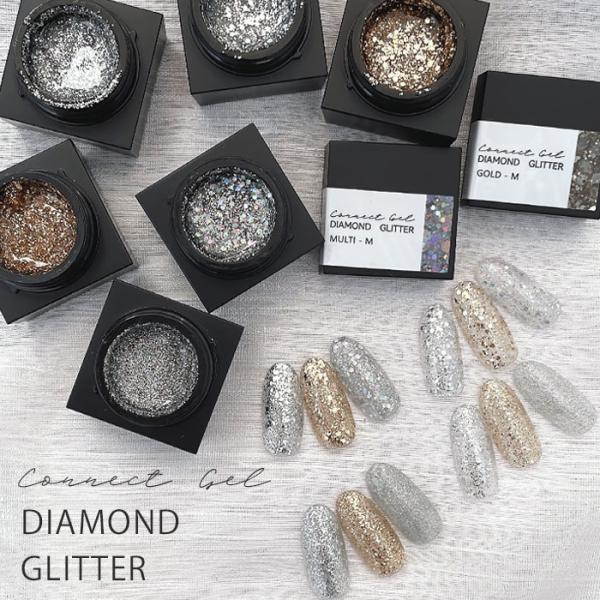 万能ラメグリッタージェル "ダイヤモンドグリッター" ２サイズ展開で使いやすく、カラーはゴールド シルバー マルチカラー の３色展開。 グラデーションやポイント使いにもおすすめです。