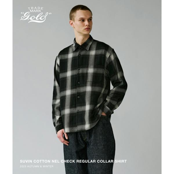 GOLD / ゴールド ： SUVIN COTTON NEL CHECK REGULAR COLLAR SHIRT 25B