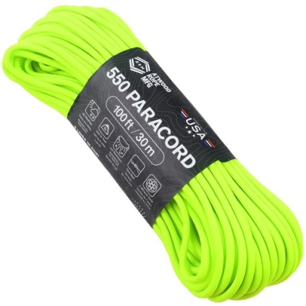 アトウッド ロープ ネオングリーン 7Strand 550 パラシュートコード パラコード 30M ATWOOD ROPE MFG 耐加重250Kg  キャンプなどに