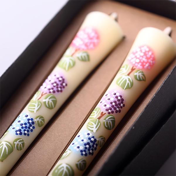 四季の花ろうそく 10cm 2本入【あじさい】 ／ 全19種 紫陽花 手描き 越後 新潟県 蝋燭 和柄 絵ろうそく 小池ろうそく店 メール便
