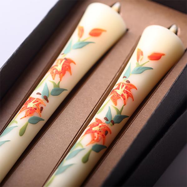 四季の花ろうそく 10cm 2本入【ゆり】 ／ 全19種 百合 手描き 越後 新潟県 蝋燭 和柄 絵ろうそく 小池ろうそく店 メール便