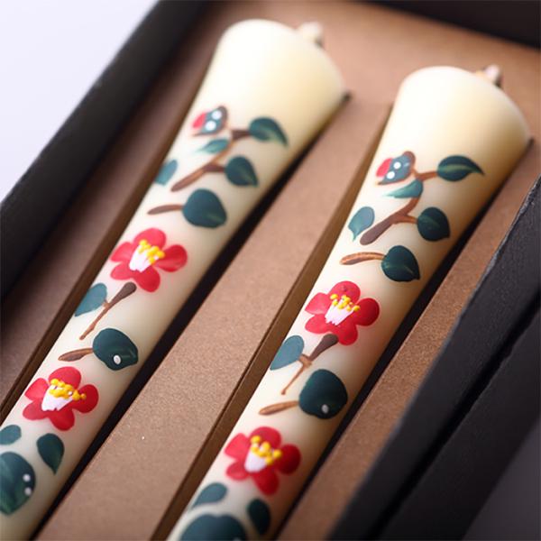 四季の花ろうそく 10cm 2本入【椿】 ／ 全19種 ツバキ 手描き 越後 新潟県 蝋燭 和柄 絵ろうそく 小池ろうそく店 メール便