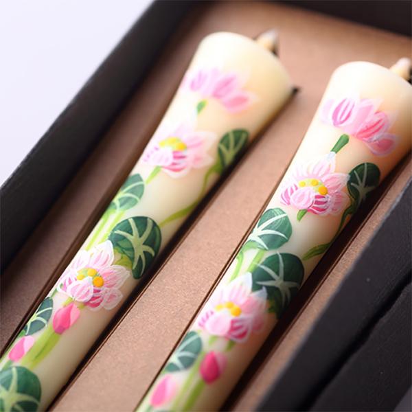 四季の花ろうそく 10cm 2本入【ハス】 ／ 全19種 蓮 手描き 越後 新潟県 蝋燭 和柄 絵ろうそく 小池ろうそく店 メール便