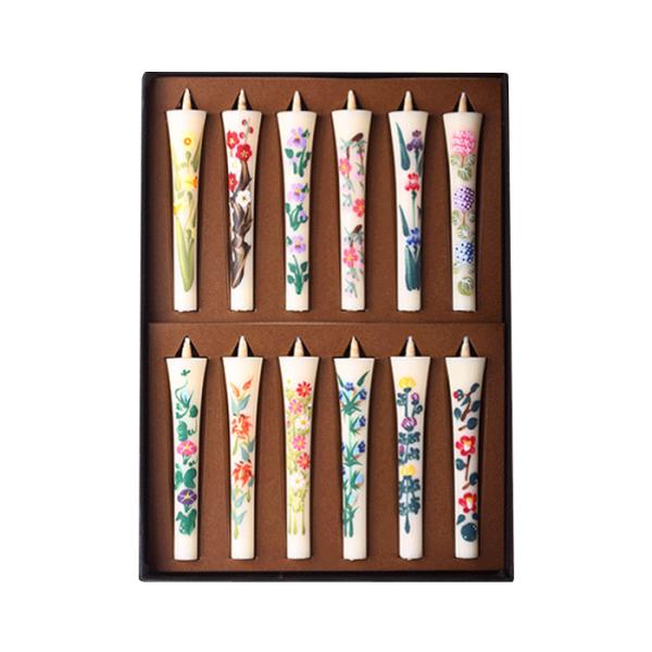 四季の花ろうそく 10cm 12本セット ／ 手描き 越後 新潟県 蝋燭 和柄 12ヵ月 1年 12本入り 絵ろうそく 小池ろうそく店