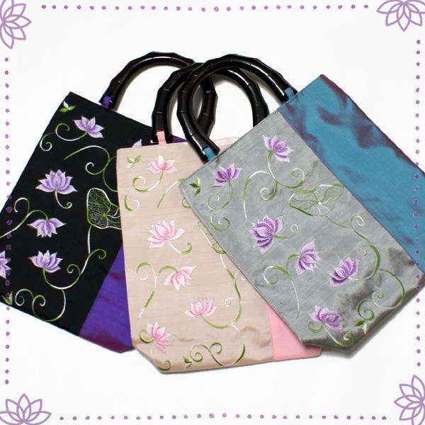 切り替えロータスバッグ ／ ロータス刺繍 ベトナムバッグ アジアン