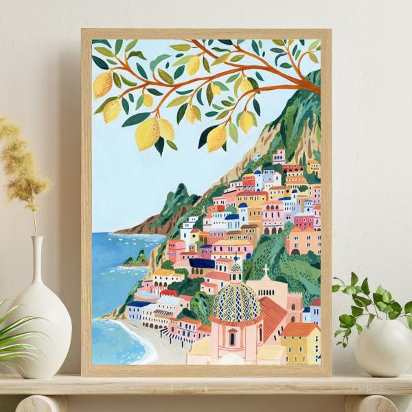 イタリア アマルフィ海岸の風景イラストアートポスターです。