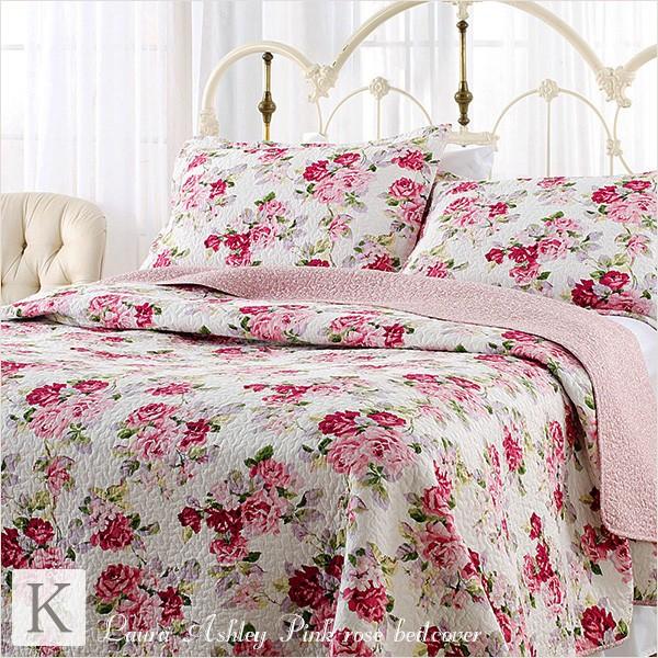 ベッドカバー おしゃれ キング 3点セット ローラアシュレイ ピンクローズ ベッドキルト ベッドスプレッド 花柄