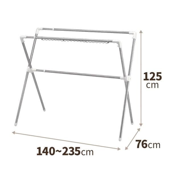 使用時サイズ（約）幅140〜235×奥行76×高さ125cm収納時（約）幅140×奥行8×高さ141cm干せる量の目安（約）布団が4枚全体耐荷重（約）20kg材　質【本体】ステンレス巻きスチールパイプ【樹脂部品】ポリプロピレン、ABS樹脂、...