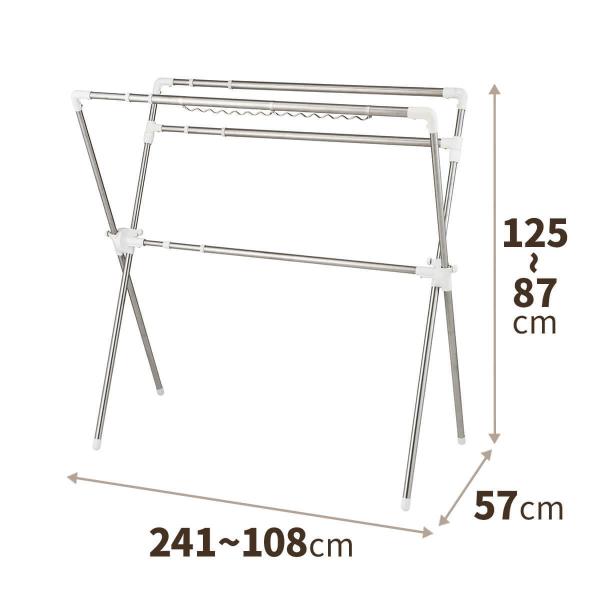 最大外寸（約）幅108〜241×奥行57×高さ87〜125cm収納時（約）幅108×奥行9×高さ87〜94cm干せる量の目安（約）布団4枚（セミダブル2枚＋シングル2枚）全体耐荷重（約）20kg材　質【本体】ステンレス巻きスチールパイプ【樹...