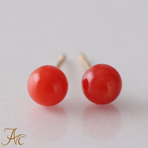 ≪送料無料&1年保証付き≫ 日本産血赤珊瑚4ミリ玉K18ピアス シンプル