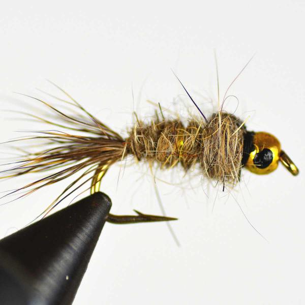 パターン名：タングステン ブラックアイ ヘヤーズイヤーニンフ ナチュラルタイプ：ニンフフラ主な使い方：水面下に沈めるフライイメージ：川虫の幼虫対応フック：バーブド（返しあり）サイズ #10 #12