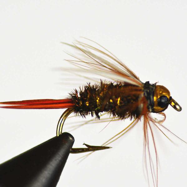 パターン名：タングステン ブラックアイ プリンスタイプ：ニンフフラ主な使い方：水面下に沈めるフライイメージ：川虫の幼虫対応フック：バーブド（返しあり）サイズ #10 #12