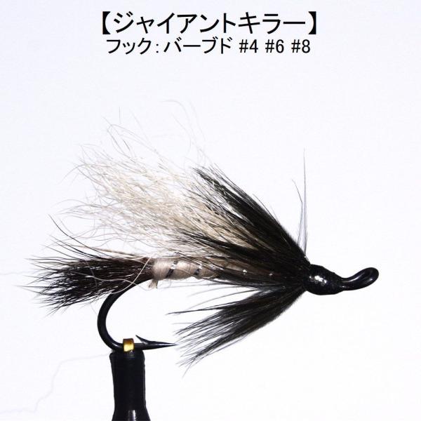 パターン名：サーモンフライタイプ：サーモン用ウエットフライ主な使い方：水面下で使う大型フライイメージ：小魚　稚魚対応フック：バーブド（返しあり）サイズ #4 #6 #8一言：サケ釣り/大型トラウト/サーモンフライ/本流の大型とても実績が高い...