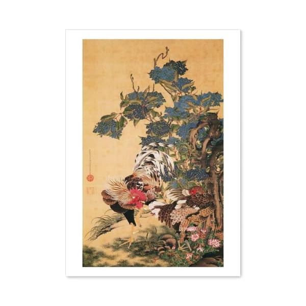 伊藤若冲 作品 ポスター A3サイズ 紫陽花双鶏図 複製画 グッズ 絵画