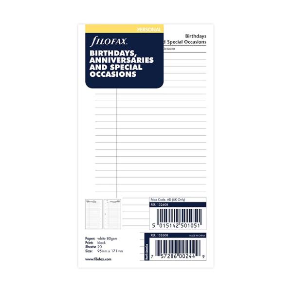 ファイロファックス システム手帳 リフィル バイブルサイズ 誕生日 記念日 特別な日 白ホワイト 132608 Filofax 6穴