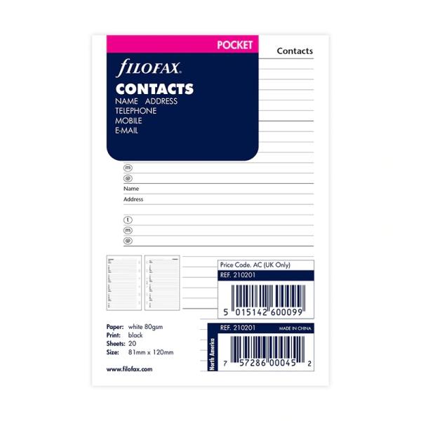 ファイロファックス システム手帳 リフィル スモールサイズ  ミニ6穴 ポケットサイズ コンタクト Contacts Filofax 210201