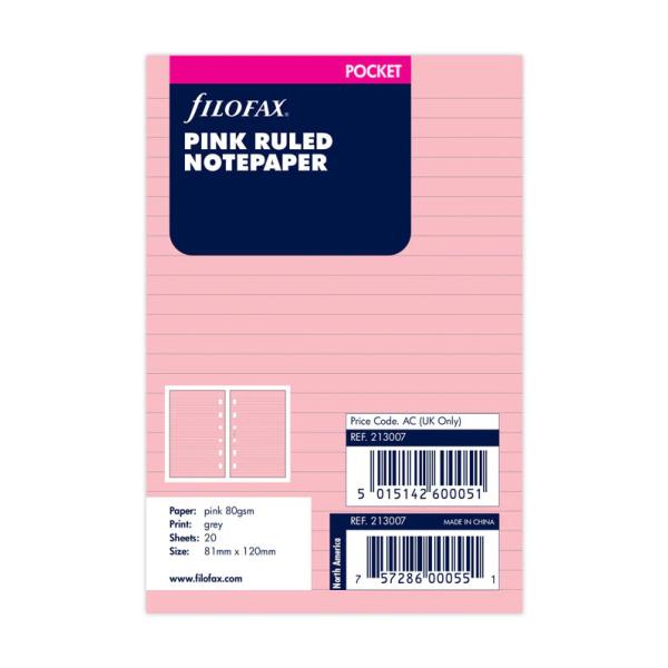 ファイロファックス システム手帳 リフィル ミニ6穴サイズ スモール ポケットサイズ ピンク Pink 横罫入り Filofax 213007