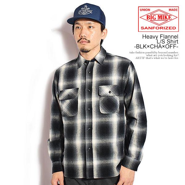 ビッグマイク シャツ BIG MIKE Heavy Flannel L/S Shirt -BLK×CHA×OFF- メンズ 長袖 チェックシャツ ネルシャツ 送料無料 ストリート