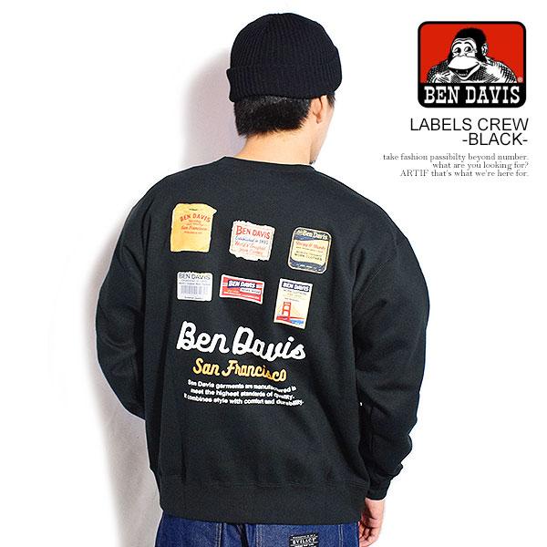 ベンデイビス スウェット BEN DAVIS LABELS CREW -BLACK- メンズ トレーナー クルーネックスウェット 裏起毛 送料無料 ストリート