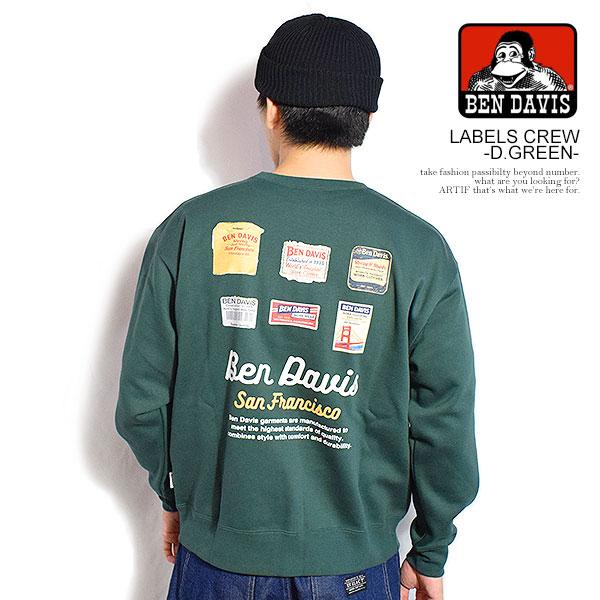 ベンデイビス スウェット BEN DAVIS LABELS CREW -D.GREEN- トレーナー クルーネックスウェット 裏起毛 送料無料 ストリート