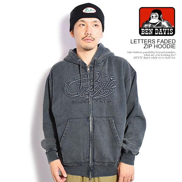 ベンデイビス パーカー BEN DAVIS LETTERS FADED ZIP HOODIE メンズ ジップパーカー 裏起毛 ヘビーウェイト ブリーチ加工