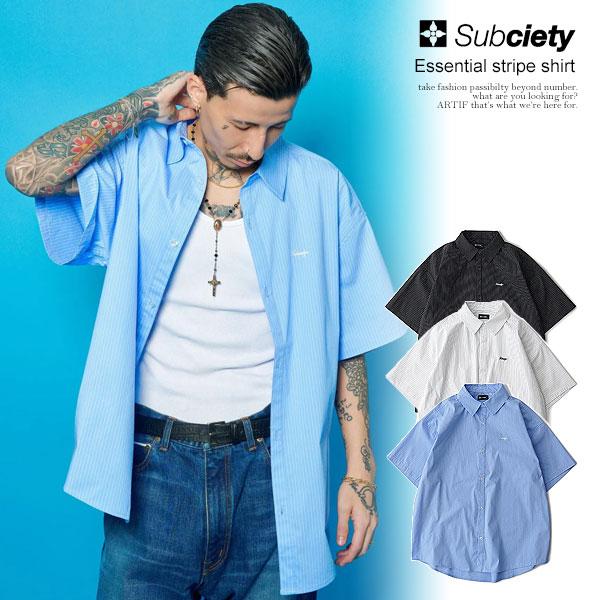サブサエティ シャツ SUBCIETY Essential stripe shirt メンズ 半袖 ストライプシャツ ビッグシルエット 送料無料 ストリート