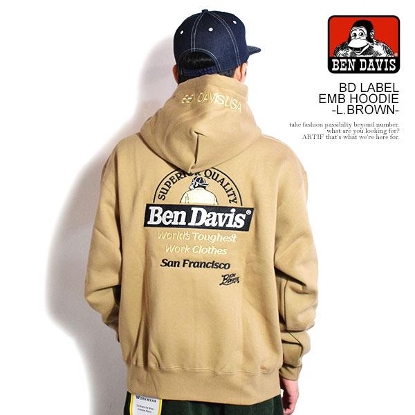 ベンデイビス パーカー BEN DAVIS BD LABEL EMB HOODIE -L.BROWN- プルオーバー スウェット 裏起毛 ヘビーウェイト 送料無料