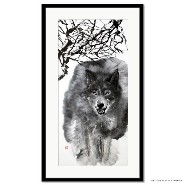 絵画 インテリア 水墨画「気」狼 額入り 壁掛け 縦長 モダン 白黒