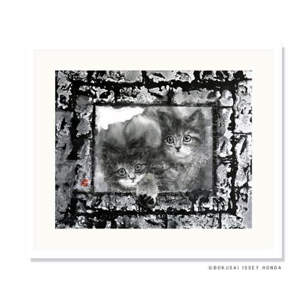 水墨画 ネコ「枠シリーズ2」子猫 壁掛け 85cm×72cm おしゃれ 絵 白黒