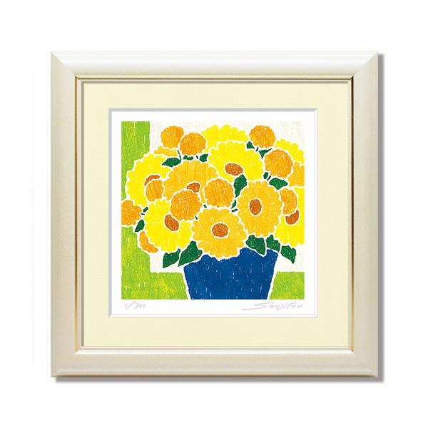 青の鉢と黄色の花束絵画 版画 玄関 リビング 額入り 花の絵 プレゼント