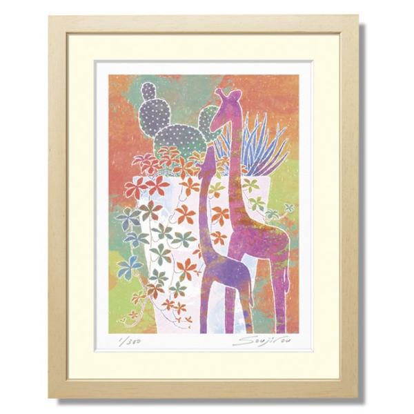 油絵/動物と花（キリン） Amazon.co.jp: 絵画 サングラスをかけた2頭のキリンインテリア