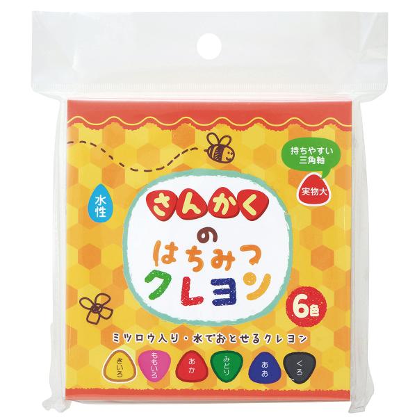 パッケージサイズ：115×122×22mm1個のサイズ：直径11mm×80mm色名：きいろ、ももいろ、あか、みどり、あお、くろ材質： ワックス・ミツロウ・タルク・顔料・乳化剤対象年齢：3才以上持ちやすい、ちょっと太めの三角軸。はじめてクレヨ...
