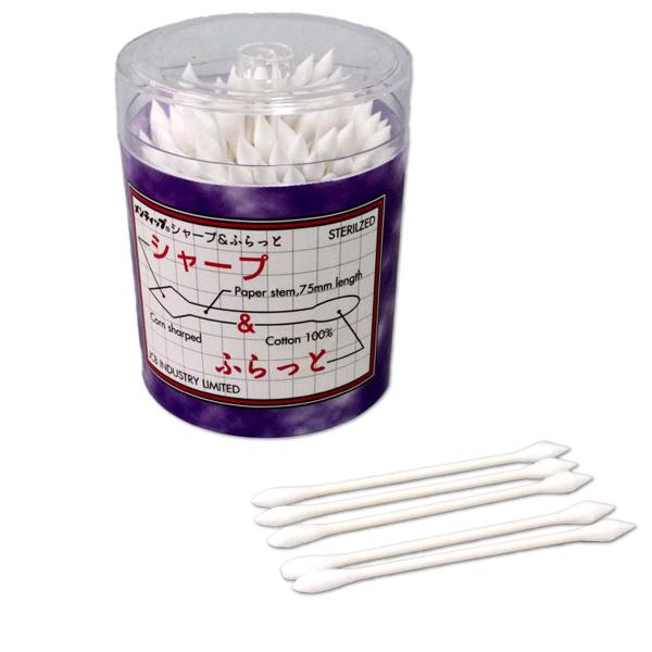 入数：100本材質：綿100％(滅菌済み)サイズ(1本)：約80mm先細に尖らせた(シャープ)綿棒とヘラ状の平らな(フラット)綿棒が1本になっています。細かい部分の修正や清掃等にとても便利です。擦筆のようにも使えます。