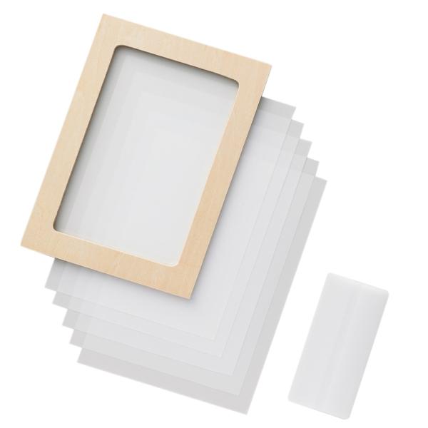 ニュー・カッティング原紙：300×220mm 5枚使用説明書付スクリーン枠：6mm厚内枠167×237mmテトロン150メッシュ張り特長アイロンの熱接着が不要なニューカッティング原紙多色刷りが1枚の木枠だけでできるスキージー(4倍判：150...