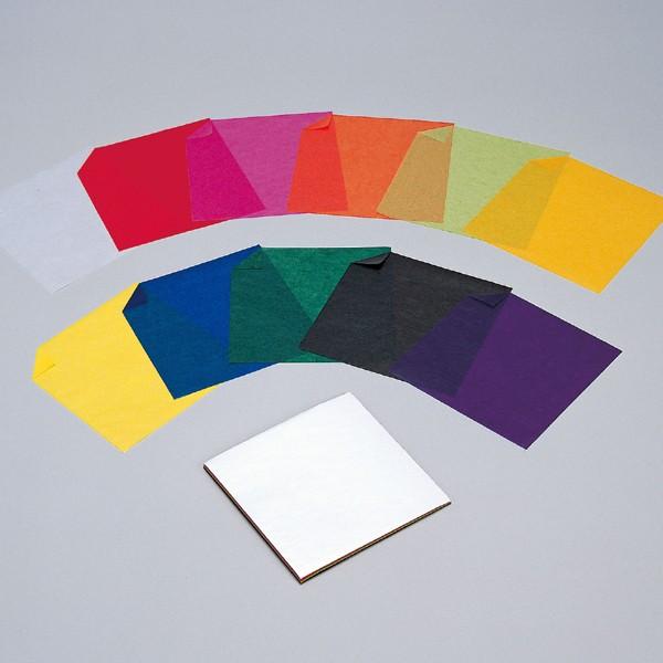 正方形 11色各9枚サイズ：160×160mm色名：白、赤、桃、橙、黄緑、山吹、黄、青、緑、焦茶、紫トランスパレントペーパーはツヤと張りのある半透明の紙です。光を通すので、窓辺に重ねると、きれいな色が生まれます。折り紙の要領でつくったパーツ...