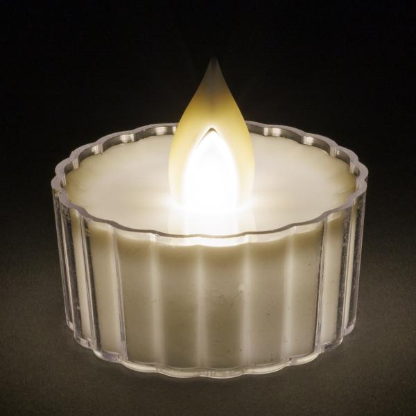 サイズ：直径約47×高さ40mm電源：LR-1130ボタン電池3個連続使用時間：平均80時間※テスト用電池付本体は透明なカップに白色のキャンドルが入っているように模した可愛いデザインです。上部先端、炎の形の箇所根元が明るい暖色系の色で光ります。