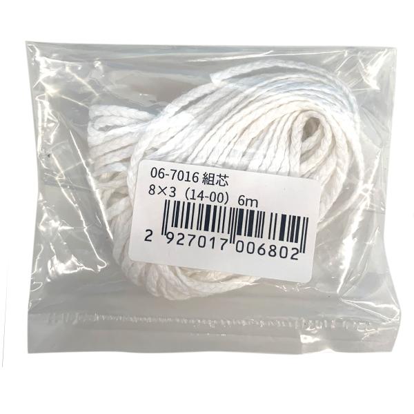 サイズ：長さ6mキャンドル直径5cm以上の場合の芯としてご使用下さい。細い8本の糸を束ね、それを三つ編みにした芯です。
