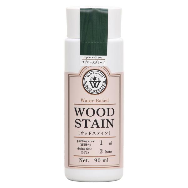 容量：90mL塗り面積(1回塗り)：約1m2乾燥時間：約2時間／20℃うすめ液：水(水道水)無塗装木部の着色に低臭で手軽に使用できる水性着色剤(ステイン)です。食品衛生自主基準に適合しています。顔料の定着性が良く、ステインのみで仕上げても色...